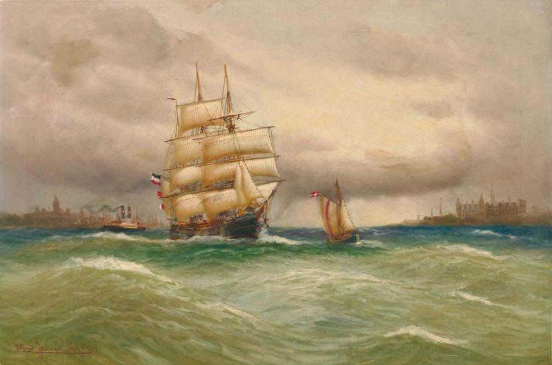 Alfred Jensen Marine mit Segelbooten, im Hintergrund Stadtsilhouette. oil painting picture